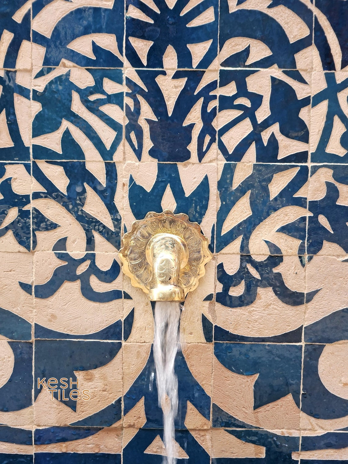 Souad - Tree of Life Mosaic Fountain, Arched Beige and Blue Zellige