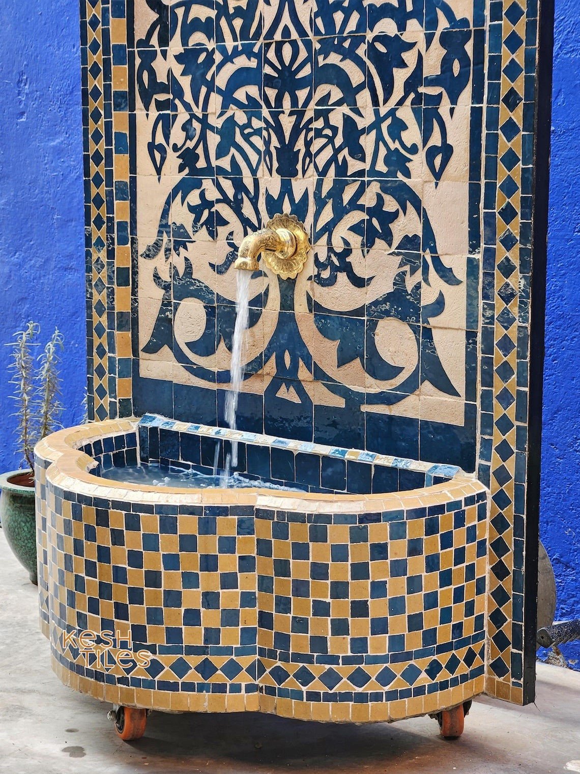 Souad - Tree of Life Mosaic Fountain, Arched Beige and Blue Zellige