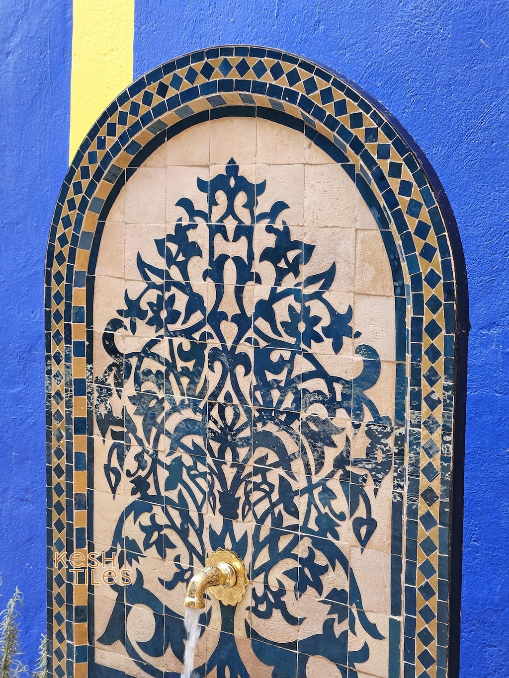 Souad - Tree of Life Mosaic Fountain, Arched Beige and Blue Zellige