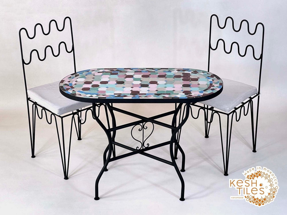 Zaynab - Multicolor Mosaic Oval Table, Handmade Moroccan Zellige Patio Table