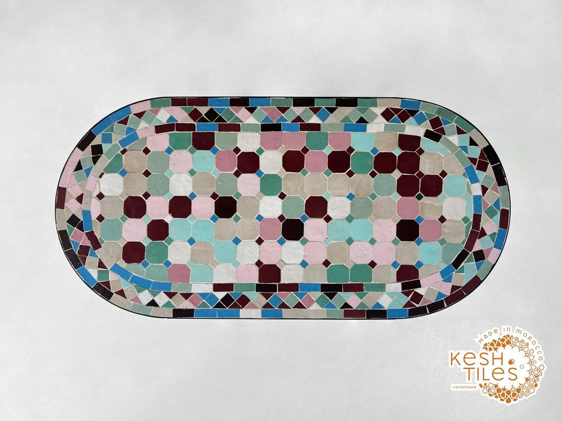 Zaynab - Multicolor Mosaic Oval Table, Handmade Moroccan Zellige