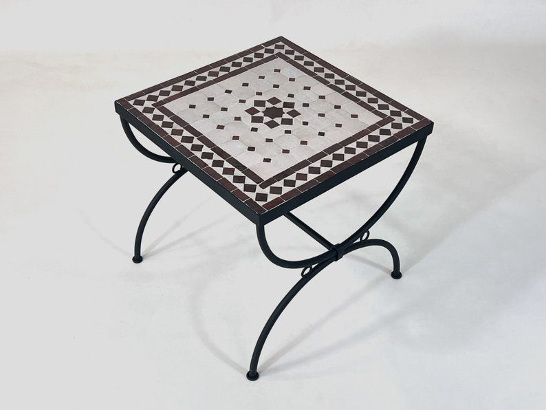 Amnay - Handmade Mosaic Table, Custom deep brown and white Zellige Tile Table