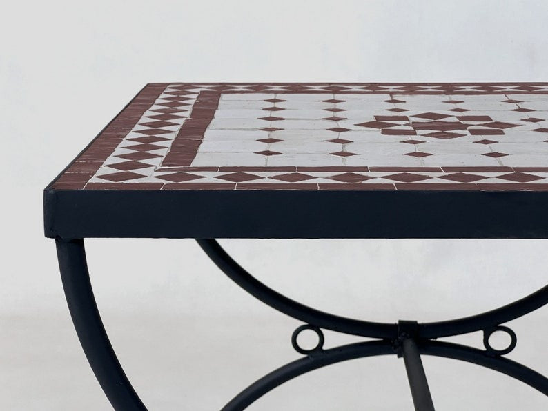 Amnay - Handmade Mosaic Table, Custom deep brown and white Zellige Tile Table