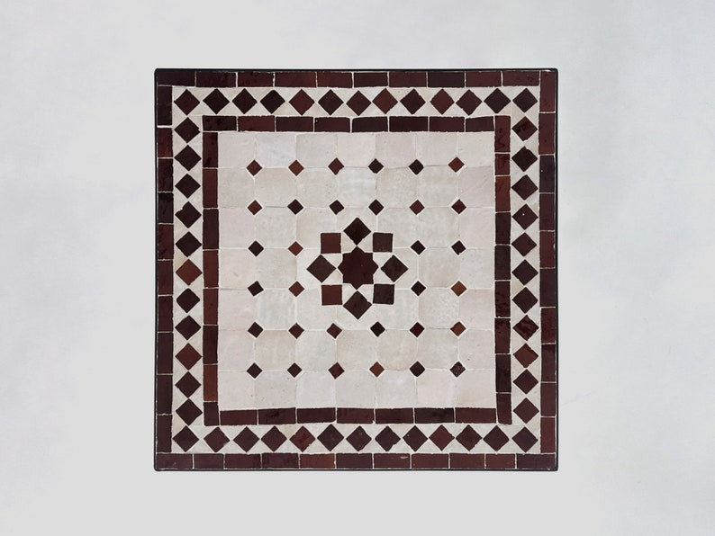 Amnay - Handmade Mosaic Table, Custom deep brown and white Zellige Tile Table
