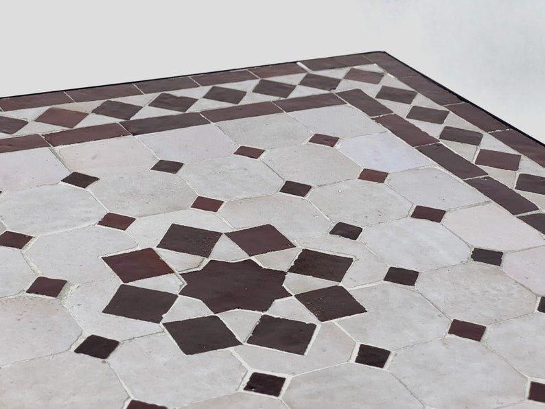 Amnay - Handmade Mosaic Table, Custom deep brown and white Zellige Tile Table