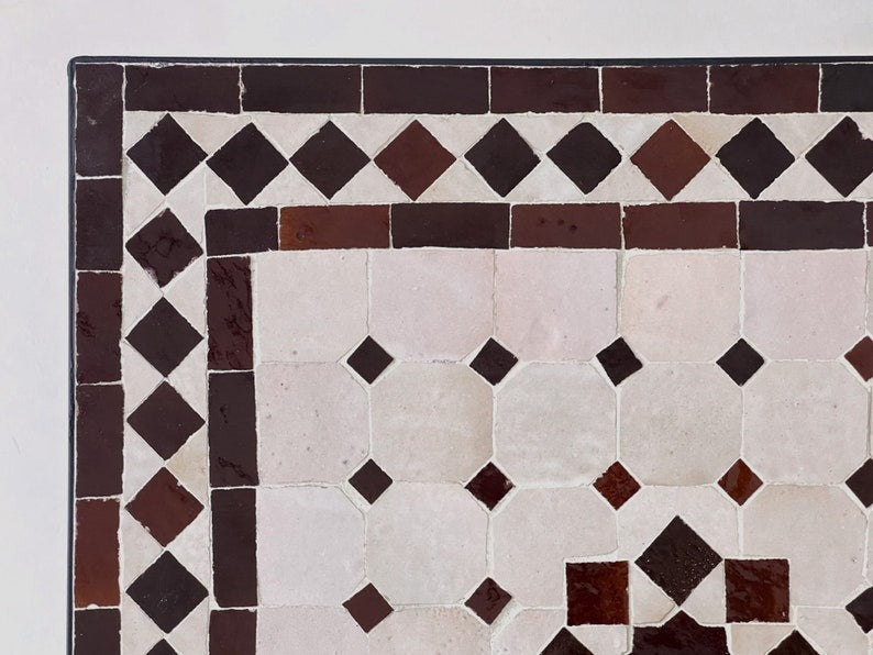 Amnay - Handmade Mosaic Table, Custom deep brown and white Zellige Tile Table