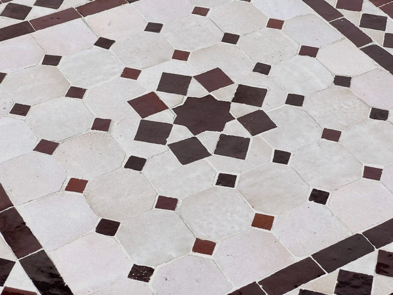 Amnay - Handmade Mosaic Table, Custom deep brown and white Zellige Tile Table