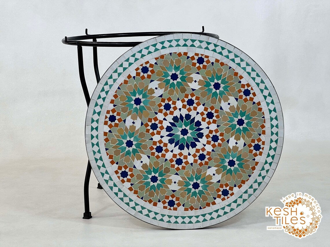 Malak - Colorful Moroccan Mosaic Patio Table, Handmade Zellige Geometric Design