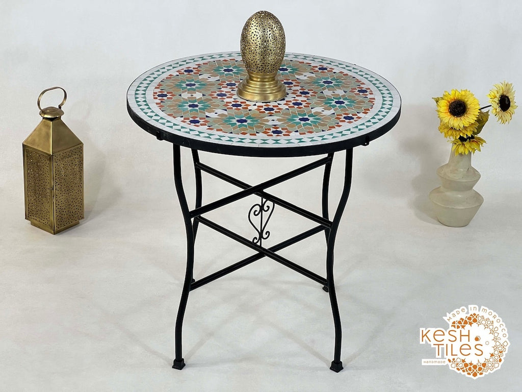 Malak - Colorful Moroccan Mosaic Patio Table, Handmade Zellige Geometric Design