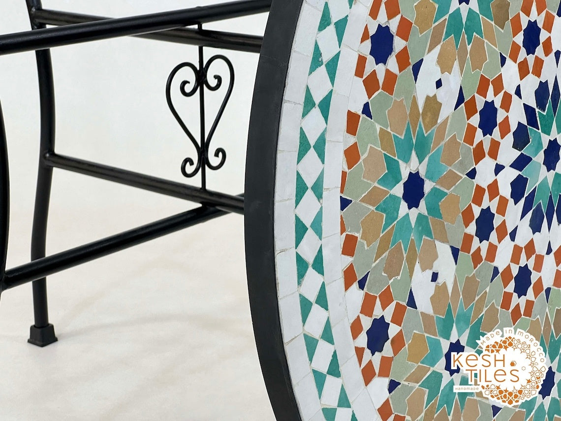 Malak - Colorful Moroccan Mosaic Patio Table, Handmade Zellige Geometric Design