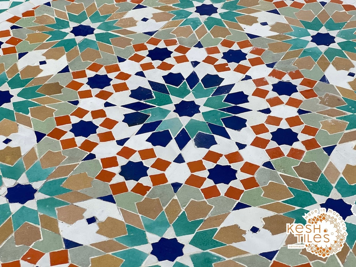 Malak - Colorful Moroccan Mosaic Patio Table, Handmade Zellige Geometric Design