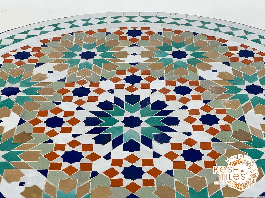 Malak - Colorful Moroccan Mosaic Patio Table, Handmade Zellige Geometric Design