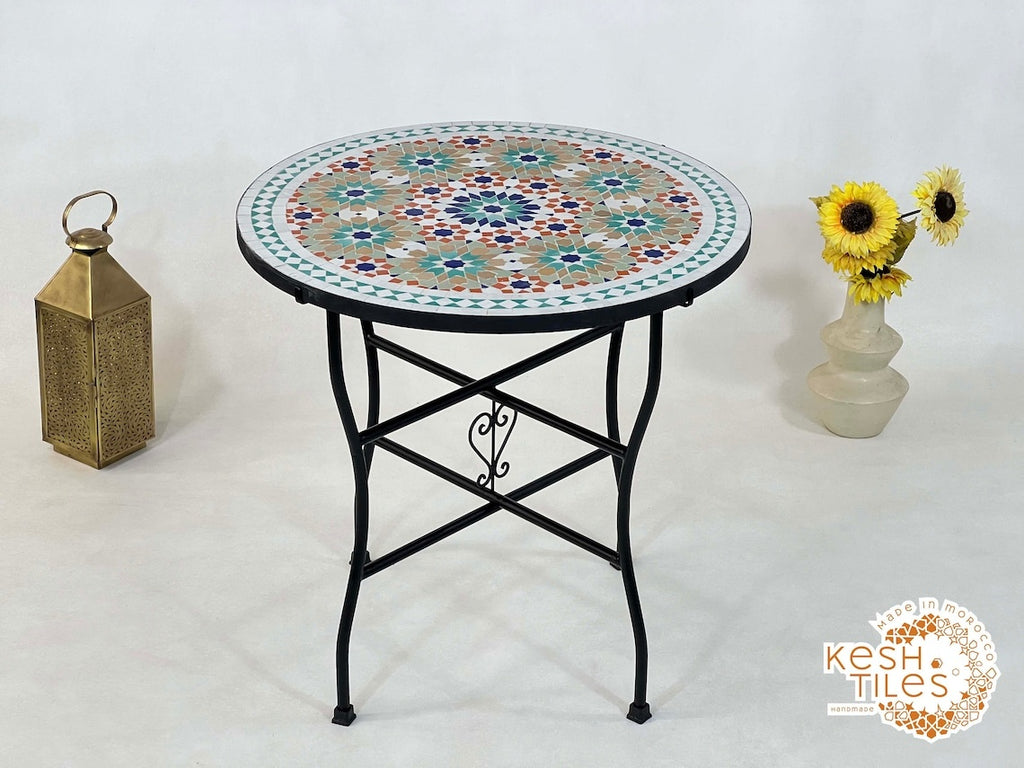 Malak - Colorful Moroccan Mosaic Patio Table, Handmade Zellige Geometric Design