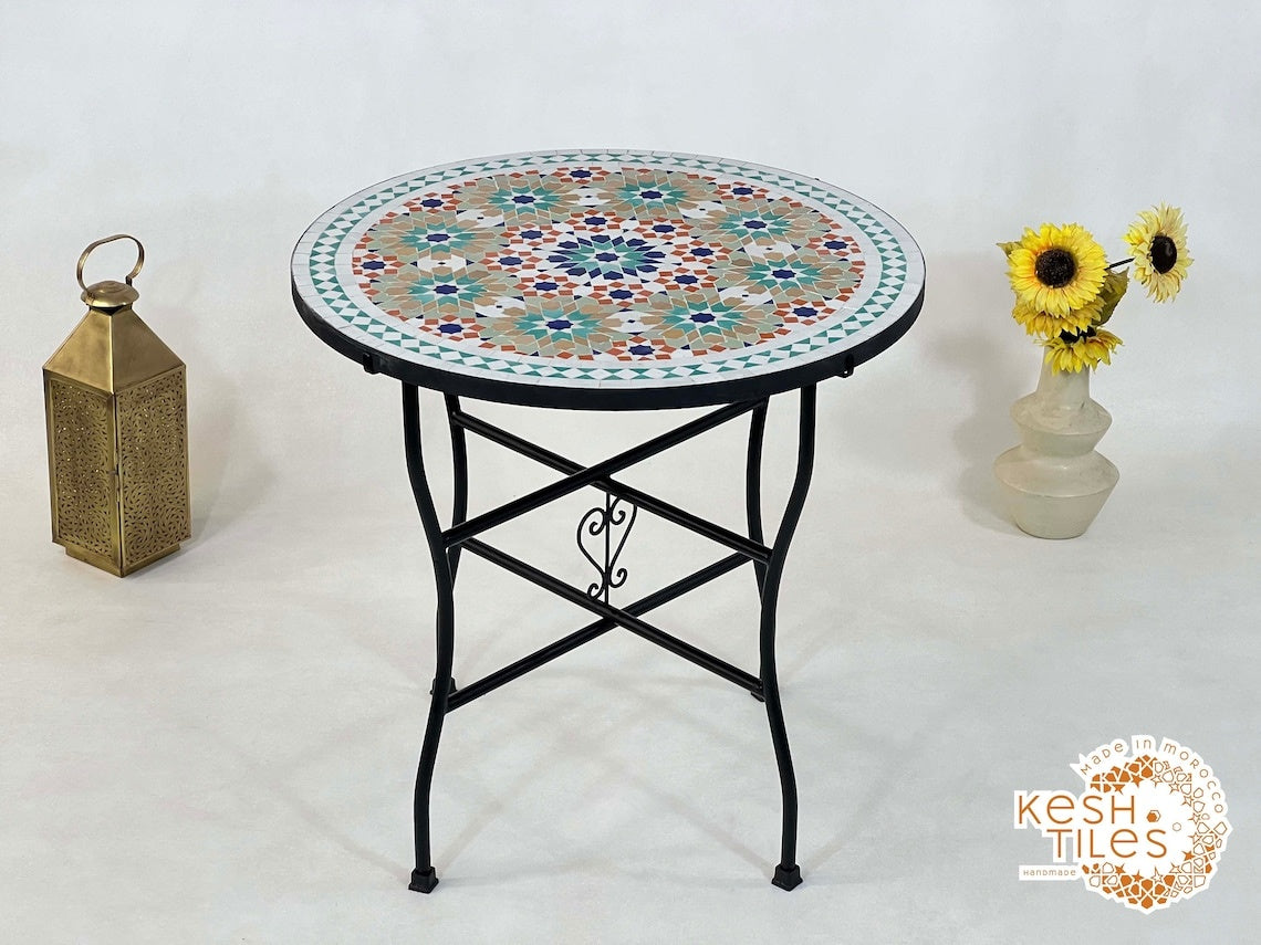 Malak - Colorful Moroccan Mosaic Patio Table, Handmade Zellige Geometric Design