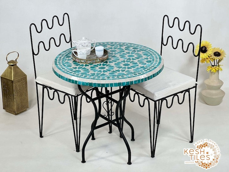 Tassili - Cyan Blue Mosaic Table, Handmade Moroccan Zellige Patio Decor