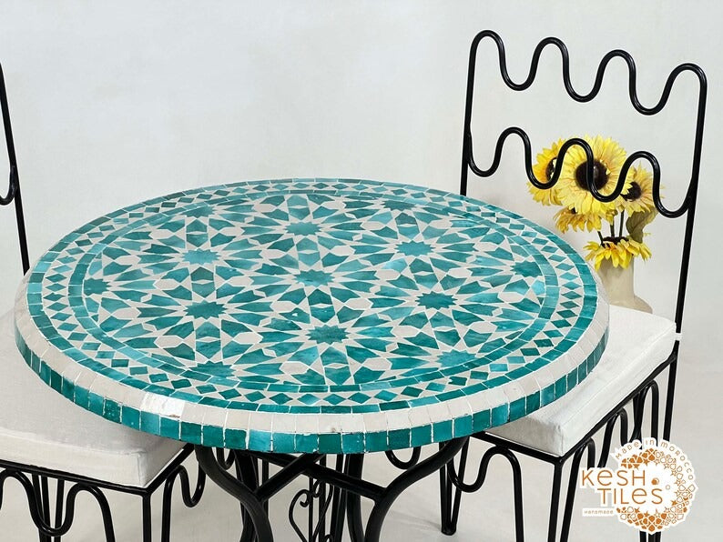 Tassili - Cyan Blue Mosaic Table, Handmade Moroccan Zellige Patio Decor