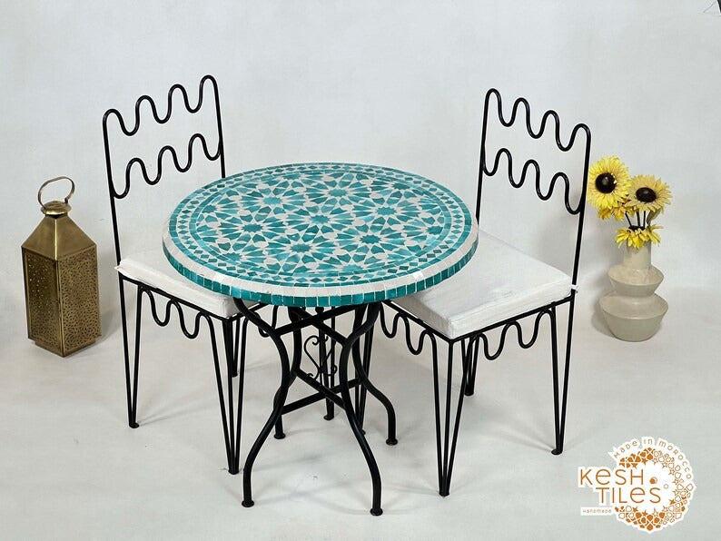 Tassili - Cyan Blue Mosaic Table, Handmade Moroccan Zellige Patio Decor