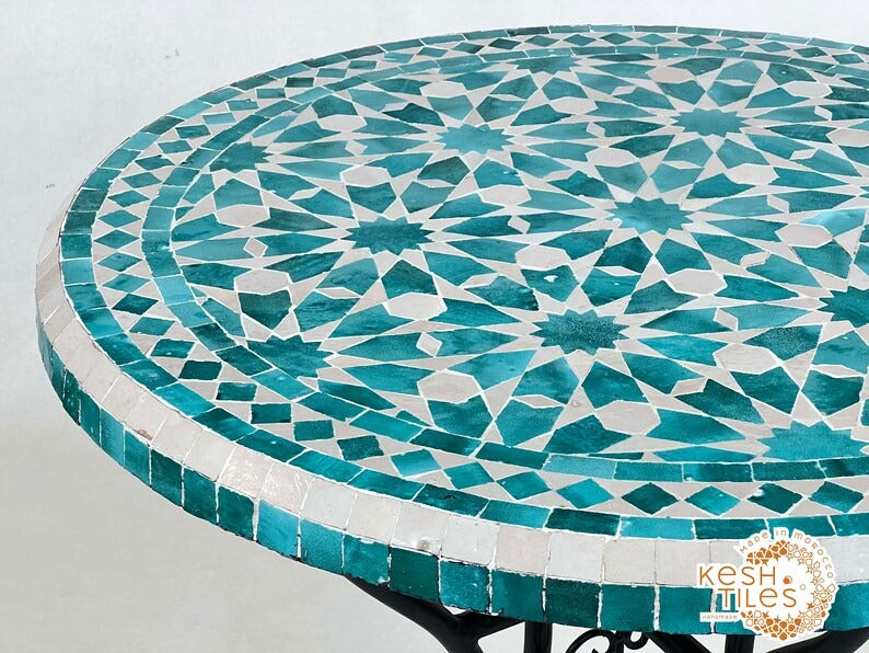 Tassili - Cyan Blue Mosaic Table, Handmade Moroccan Zellige Patio Decor
