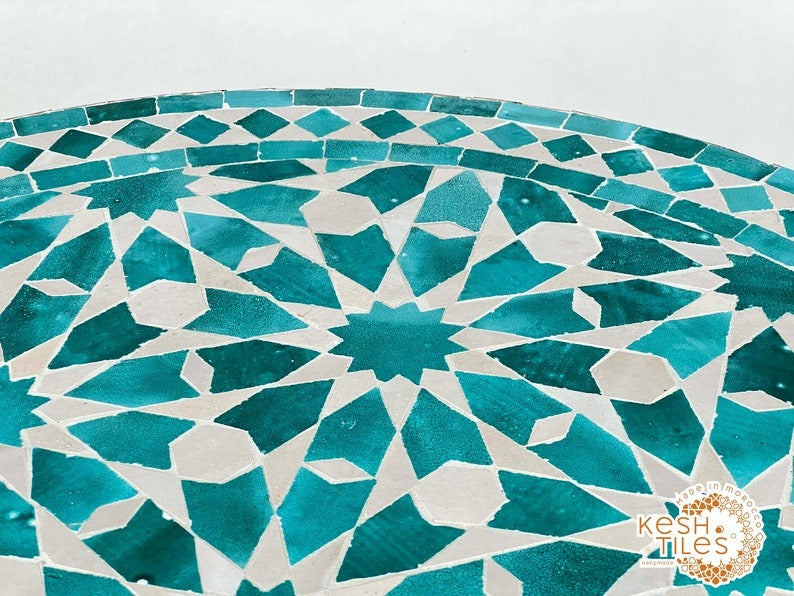 Tassili - Cyan Blue Mosaic Table, Handmade Moroccan Zellige Patio Decor