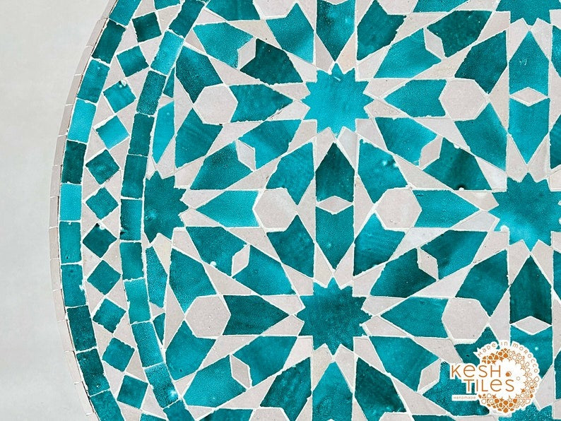 Tassili - Cyan Blue Mosaic Table, Handmade Moroccan Zellige Patio Decor