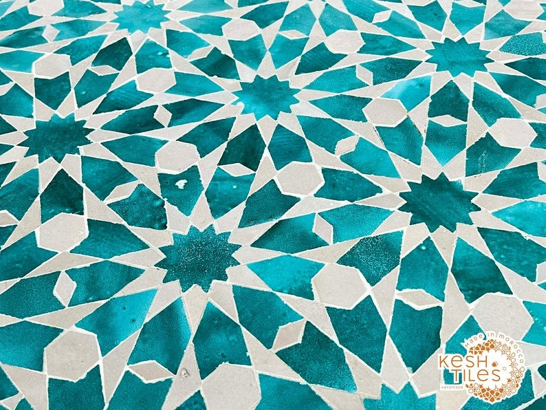 Tassili - Cyan Blue Mosaic Table, Handmade Moroccan Zellige Patio Decor