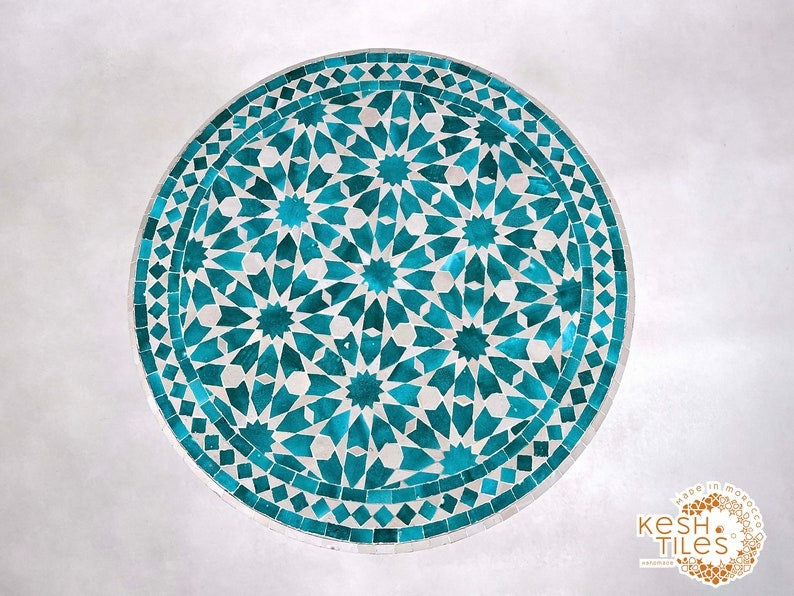 Tassili - Cyan Blue Mosaic Table, Handmade Moroccan Zellige Patio Decor