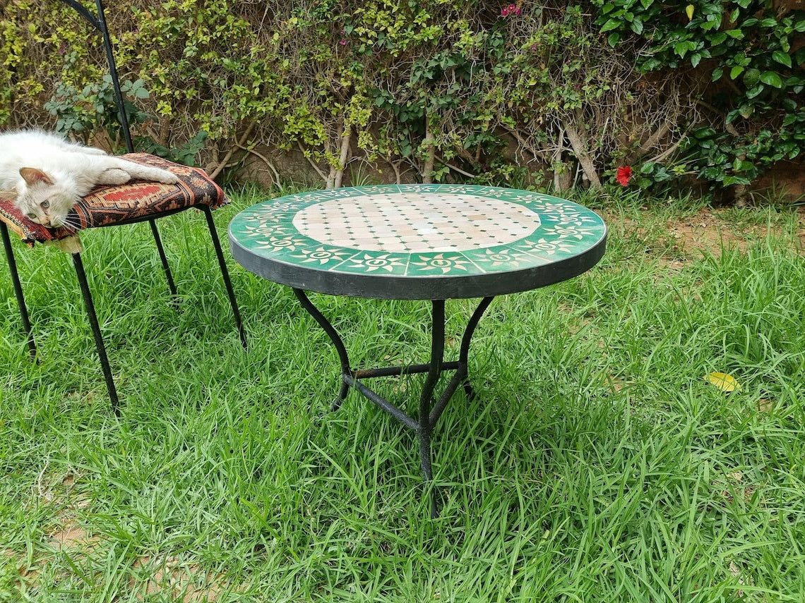 Akal - Emerald Green and Beige Mosaic Table, Handmade Moroccan Zellige Patio Table