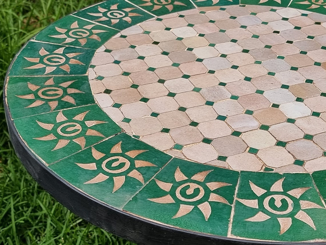 Akal - Emerald Green and Beige Mosaic Table, Handmade Moroccan Zellige Patio Table