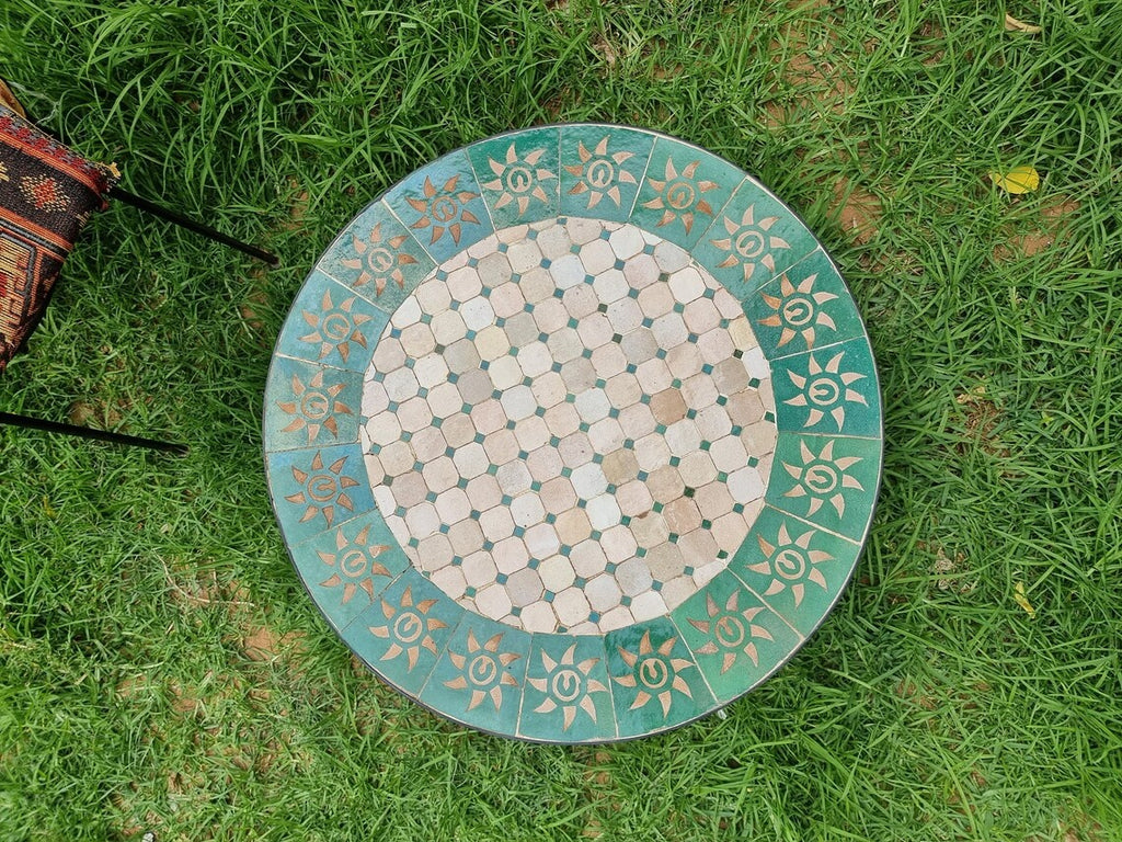 Akal - Emerald Green and Beige Mosaic Table, Handmade Moroccan Zellige Patio Table