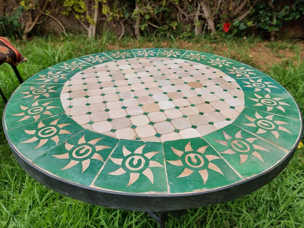 Akal - Emerald Green and Beige Mosaic Table, Handmade Moroccan Zellige Patio Table