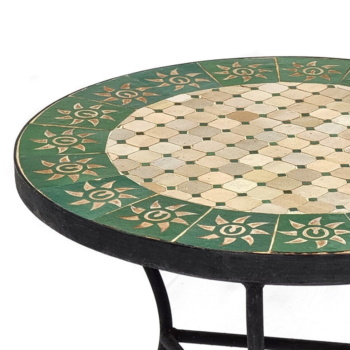 Akal - Emerald Green and Beige Mosaic Table, Handmade Moroccan Zellige Patio Table