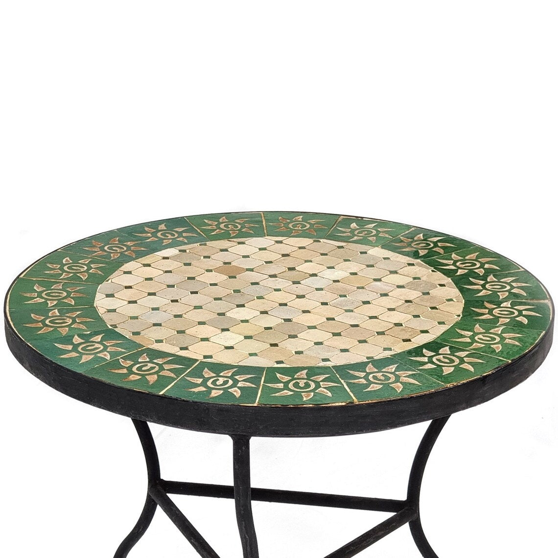 Akal - Emerald Green and Beige Mosaic Table, Handmade Moroccan Zellige Patio Table