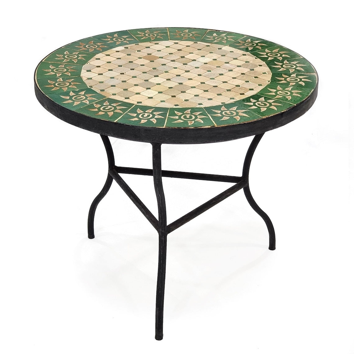 Akal - Emerald Green and Beige Mosaic Table, Handmade Moroccan Zellige Patio Table