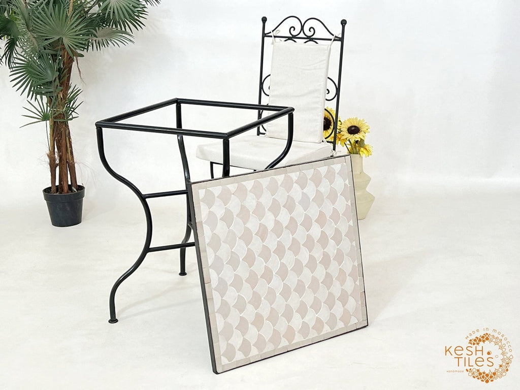 Tiffa - Off White Mosaic Table, Handmade Beige Fish Scale Tile Table