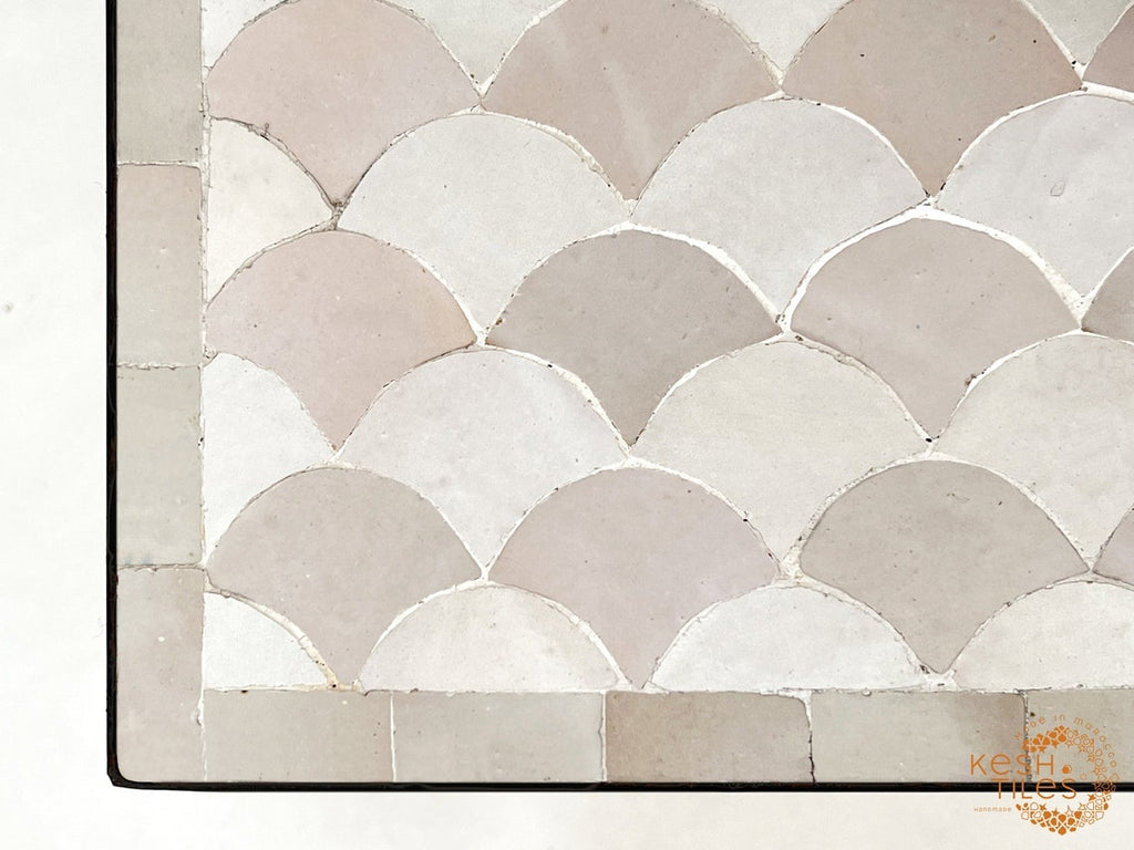 Tiffa - Off White Mosaic Table, Handmade Beige Fish Scale Tile Table