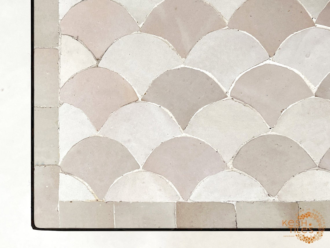 Tiffa - Off White Mosaic Table, Handmade Beige Fish Scale Tile Table