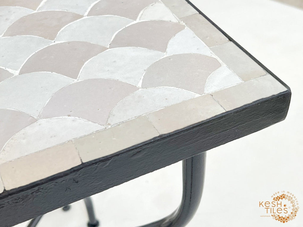 Tiffa - Off White Mosaic Table, Handmade Beige Fish Scale Tile Table