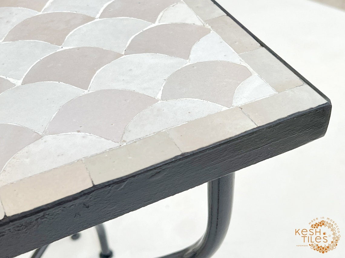 Tiffa - Off White Mosaic Table, Handmade Beige Fish Scale Tile Table