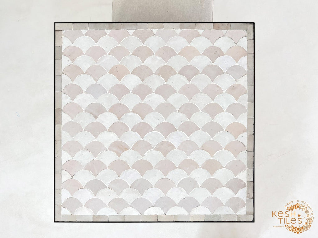 Tiffa - Off White Mosaic Table, Handmade Beige Fish Scale Tile Table