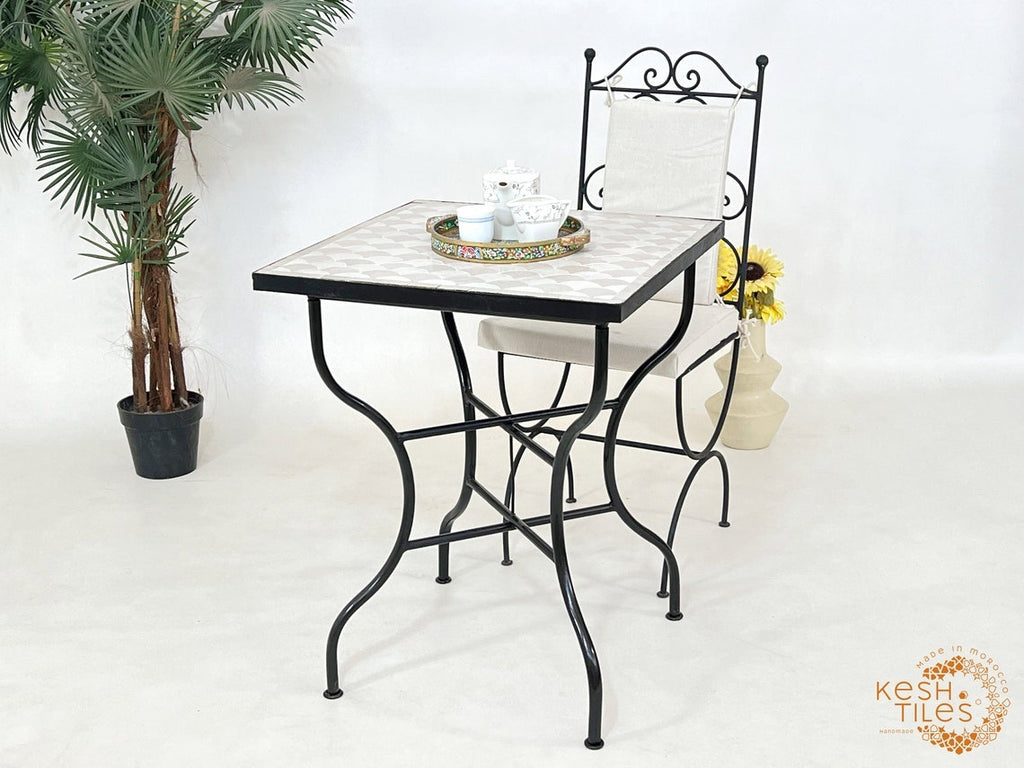 Tiffa - Off White Mosaic Table, Handmade Beige Fish Scale Tile Table