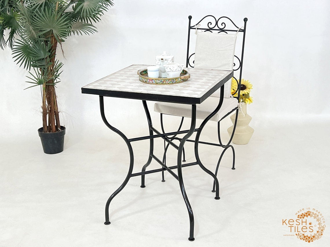 Tiffa - Off White Mosaic Table, Handmade Beige Fish Scale Tile Table