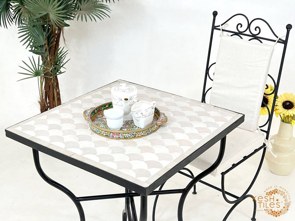 Tiffa - Off White Mosaic Table, Handmade Beige Fish Scale Tile Table