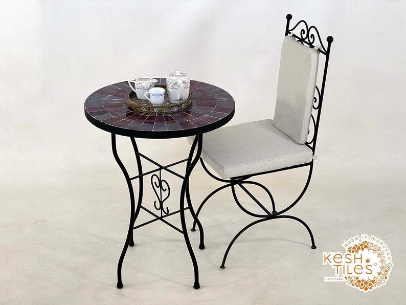 Samawi - Gray and Red Mosaic Table, Handmade Moroccan Tile Table