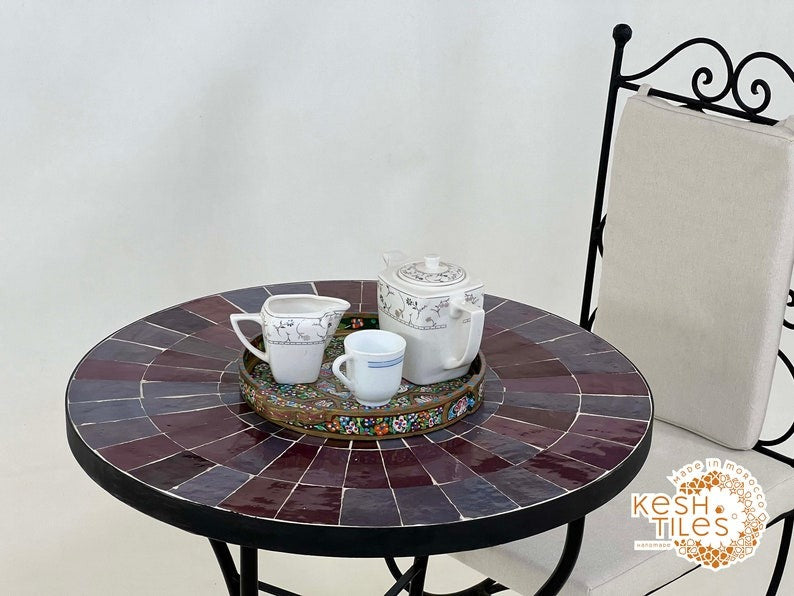 Samawi - Gray and Red Mosaic Table, Handmade Moroccan Tile Table