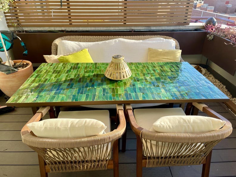 Tislit - Tamegroute Green Mosaic Table, Handmade Moroccan Tile Table