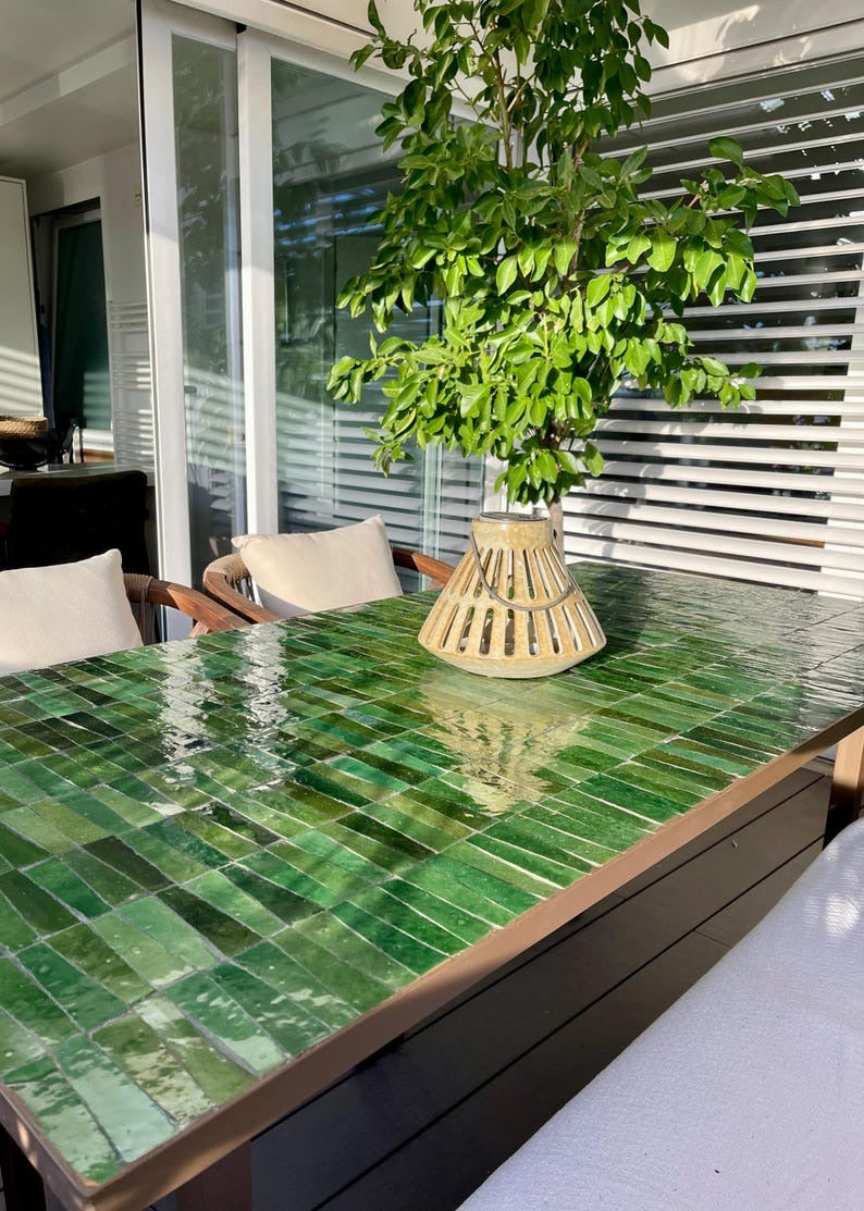 Tislit - Tamegroute Green Mosaic Table, Handmade Moroccan Tile Table