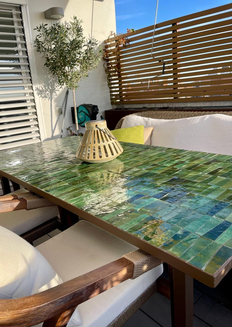 Tislit - Tamegroute Green Mosaic Table, Handmade Moroccan Tile Table
