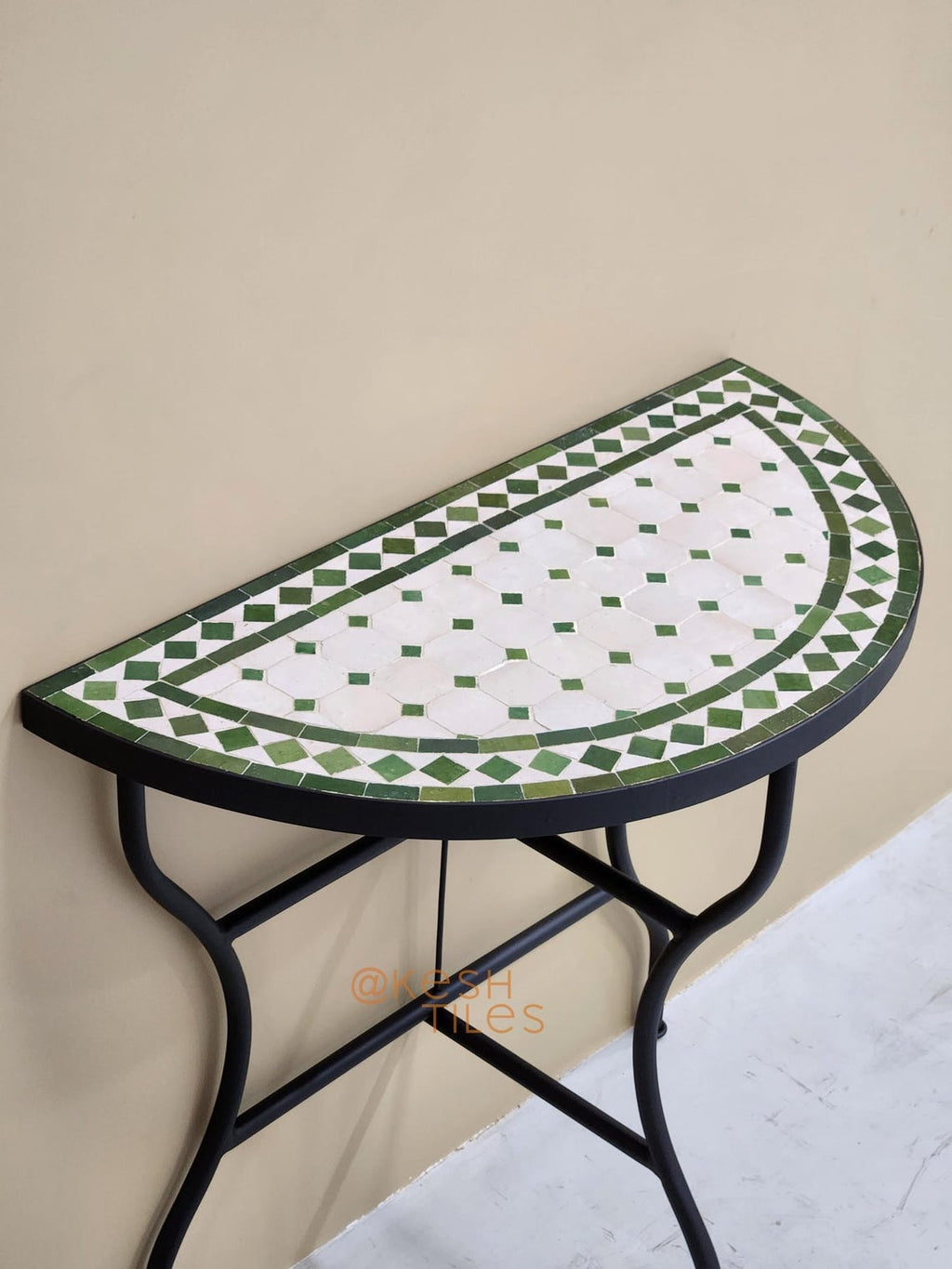 Taziri - Green and White Mosaic Console Table, Half Moon Handmade Zellige Table