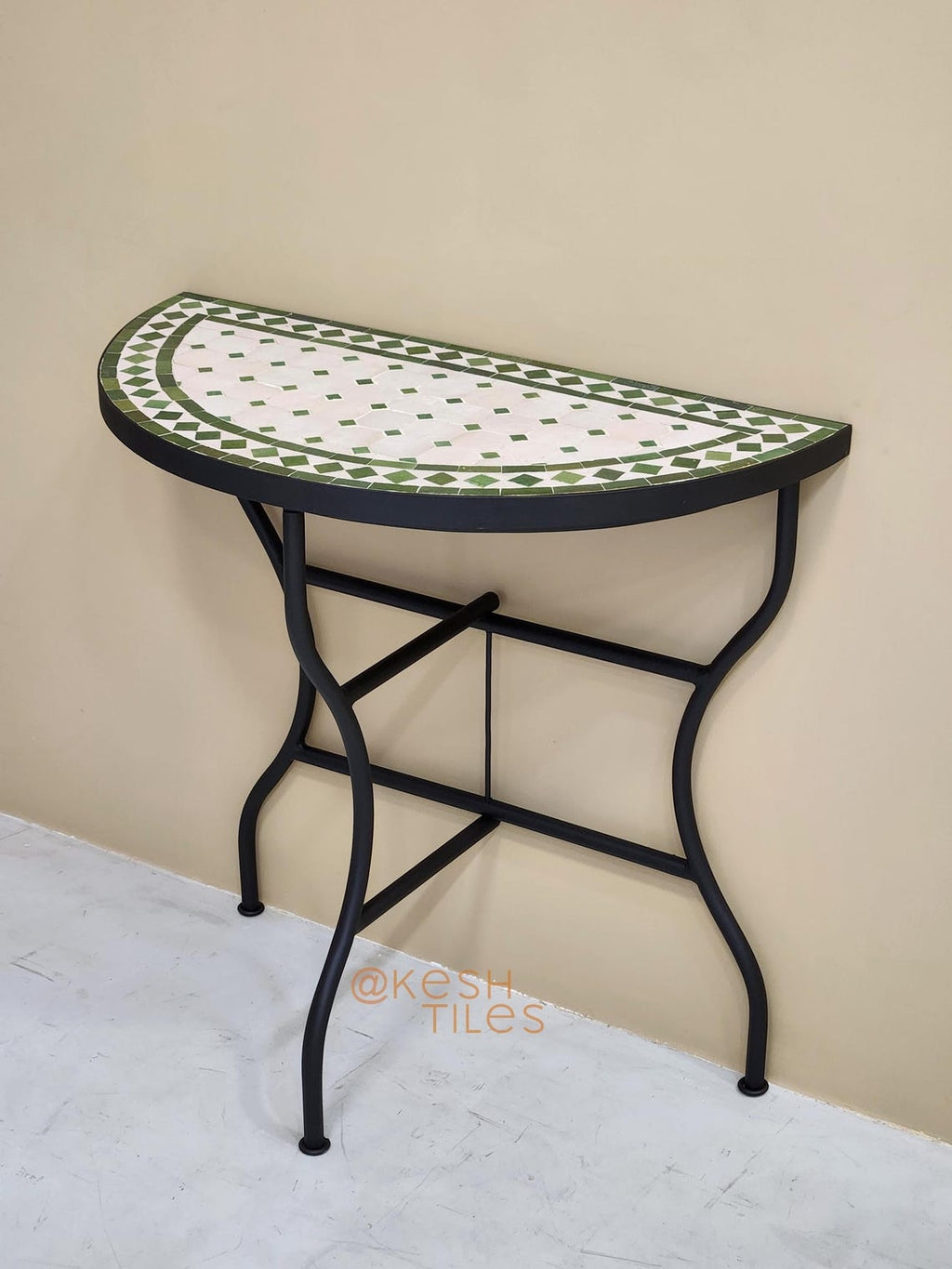 Taziri - Green and White Mosaic Console Table, Half Moon Handmade Zellige Table