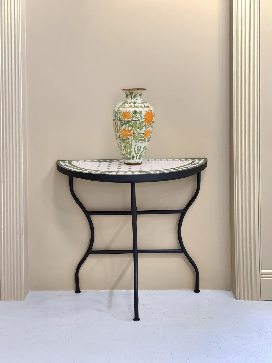 Taziri - Green and White Mosaic Console Table, Half Moon Handmade Zellige Table